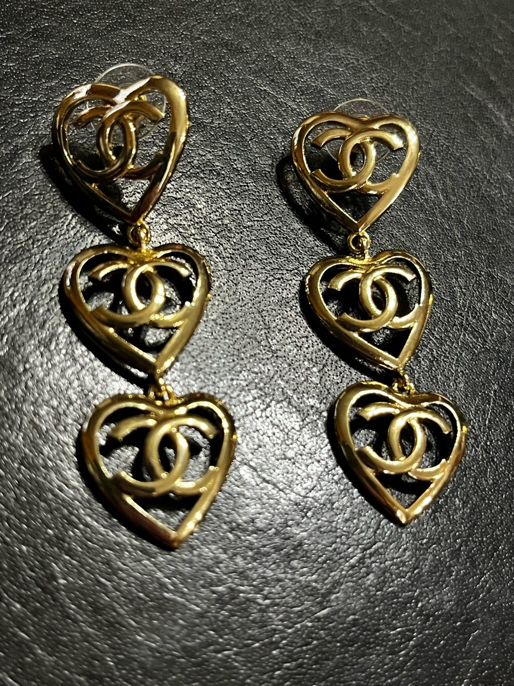 ChaneI Vintage Floating Hearts Gold Tone Dangle Letter Logo Earrings